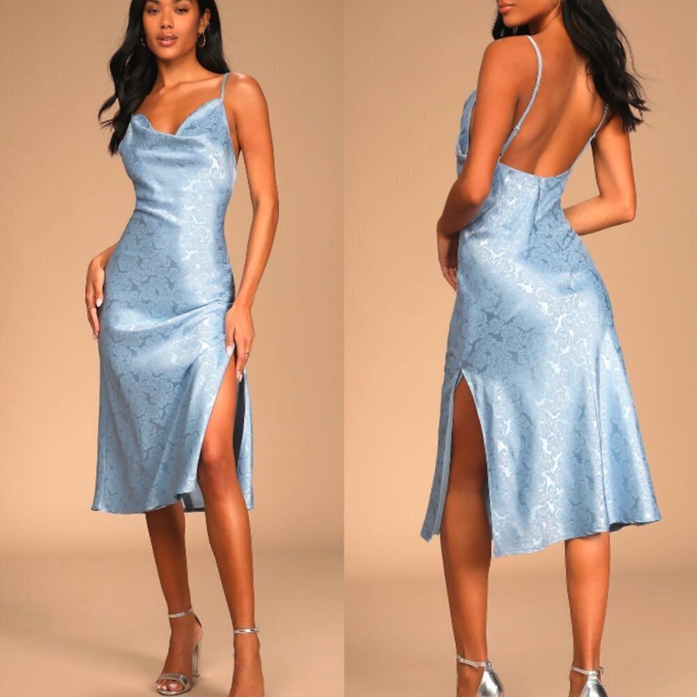 ☀️ NWOT LULUS You're My Type Light Blue Satin Floral Jacquard Midi Slip Dress